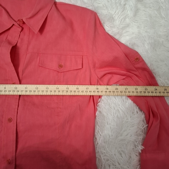 Theory Linen Blend Button Up Shirt Size XL Pink Roll Tab Sleeves Pockets - Picture 6 of 8
